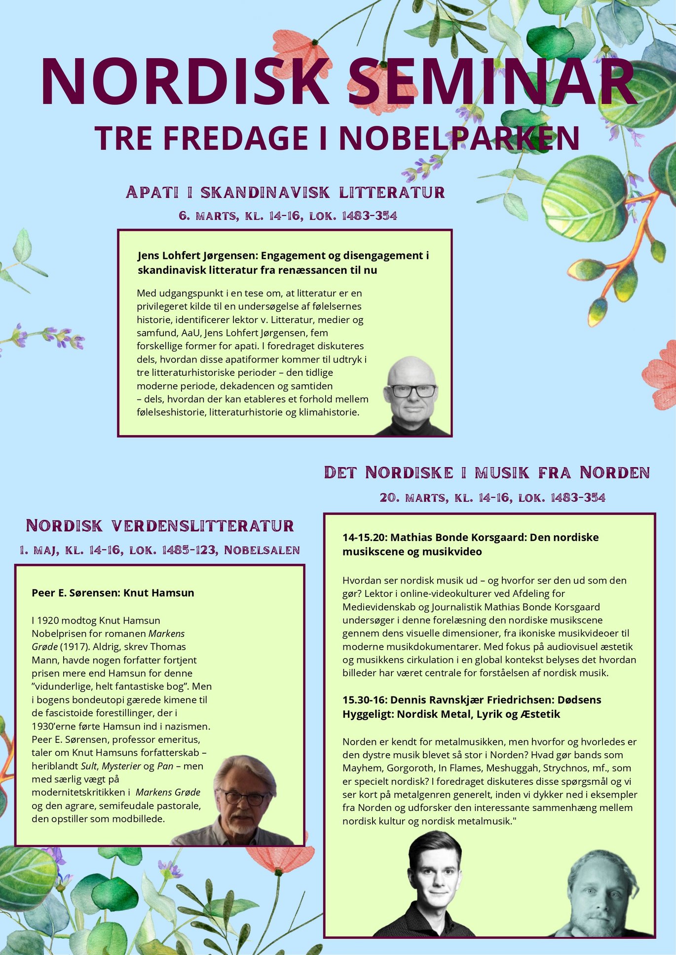 Plakat der viser oversigt over de tre forskellige arrangementer der udgør "Nordisk Seminar", foråret 2026.